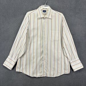 Paul Fredrick Shirt Mens XL 18-35 White Blue Brown Striped Dobby Button Up Dress